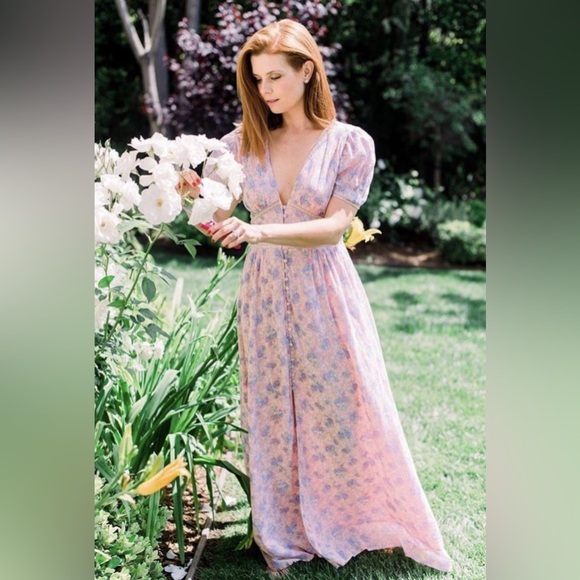 LoveShackFancy Floral Stacy Pink short sleeve Maxi Sz XS orig $475 - Picture 2 of 16